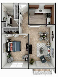A top-down view of a small apartment with a living room, kitchen, and bedroom.