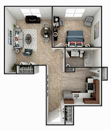 A top-down view of a small apartment with a kitchen, living room, and bedroom.