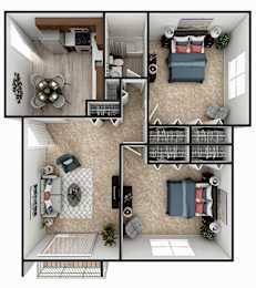 A top-down view of a small apartment with a kitchen, living room, and bedrooms.