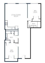 B10 2 Bed 2 Bath Floor Plan Layout at Riverwalk Apartments, 01843