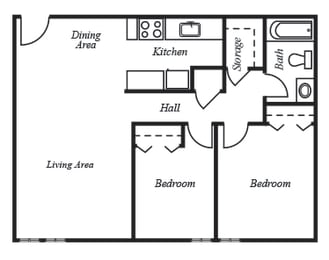 2 Bedroom 1 Bath Floor Plan at The Montecito, Colorado Springs, 80916