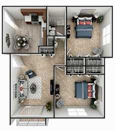 A top down view of a small apartment with a kitchen, living room, and bedroom.
