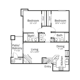 B1-2x2-958sqft Floor Plan at Sweetwater At Metro North Apartments, Phoenix, AZ