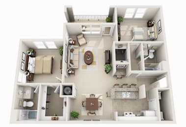 A 3D floor plan of a house with a kitchen, living room, dining room, and bathroom.