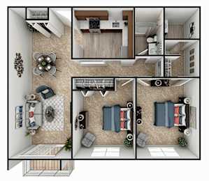 A top-down view of a house layout with a living room, dining area, kitchen, and bedrooms.