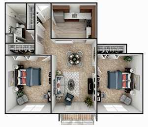 A top-down view of a house layout with a living room, kitchen, and two bedrooms.