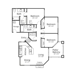 C1-3x2-1248sqft. Floor Plan at Sweetwater At Metro North Apartments, Phoenix, Arizona