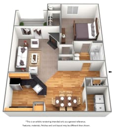 1 Bedroom A 1 Bath Floor Plan at Malvern Lakes, Fredericksburg, Virginia