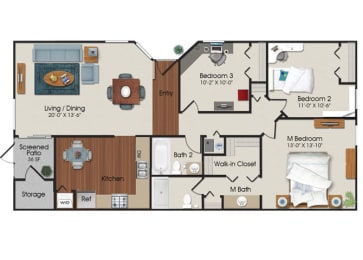 3 Bedrooms and 2 Bathrooms Floor Plans at Water's Edge Apartments, Sunrise