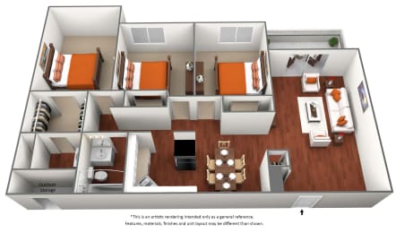 3bedroom 2 bath floor plan  at University Village Apartments, Colorado Springs