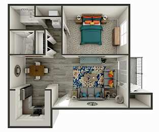 A 3D rendered image of a small apartment layout.