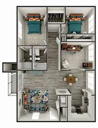 A top-down view of a small apartment with a kitchen, living room, and bathroom.