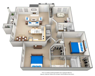 3  bedroom 3 bathroom floor plan at Bridford Lake Apartments, North Carolina, 27407