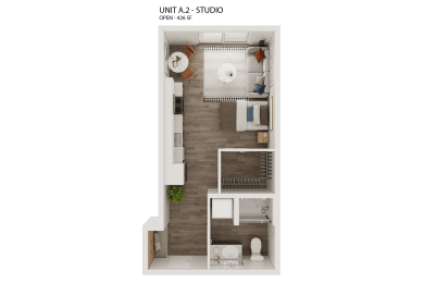 Studio 1 bath A2 Floor Plan at Hue, Redmond, 98052