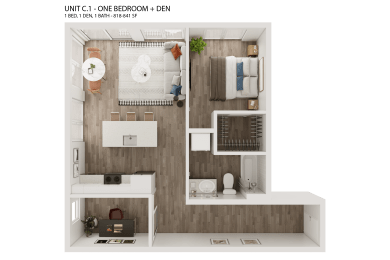 1 bed 1 bath C1 Floor Plan at Hue, Redmond, Washington