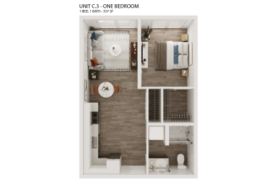 1 bed 1 bath C3 Floor Plan at Hue, Redmond