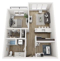 A 3D rendered image of a small apartment layout.