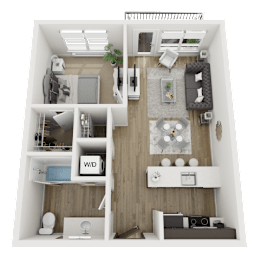 A 3D floor plan of a small apartment with a kitchen, living room, and bathroom.