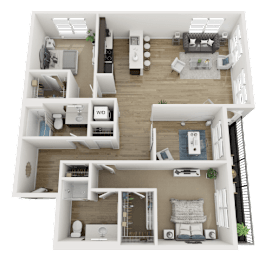 A detailed 3D floor plan of a two-story apartment.