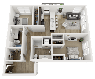 A 3D floor plan of a house showing a living room, kitchen, and bedrooms.