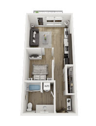 A top-down view of a small, neatly organized apartment with a bed, desk, and kitchenette.