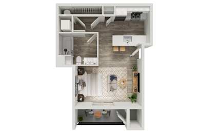 A top down view of a small apartment with a kitchen, living room and bathroom.