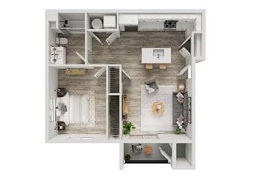 A top down view of a small apartment with a kitchen, living room, and bathroom.