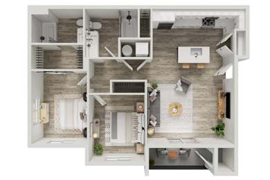 A 3D floor plan of a small apartment with a kitchen, living room, and bathroom.
