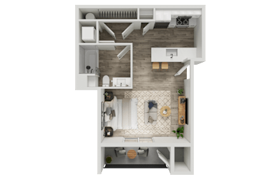 A top-down view of a small apartment with a kitchen, living room, and bathroom.