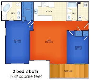 A floor plan of a two bedroom, two bathroom apartment.