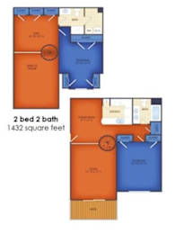 A floor plan of a 2 bedroom, 2 bathroom apartment sized 1432 square feet.