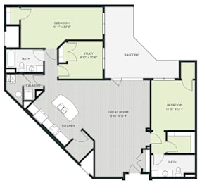 A floor plan of a house with a study, two bedrooms, a bath, a laundry, a great room, and a balcony.