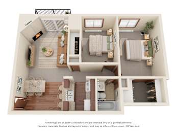 A 3D floor plan of a house with a living room, kitchen, dining room, and bedrooms.