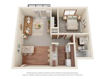 A 3D floor plan of a small apartment with a kitchen, living room, and bedroom.