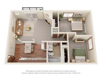 A 3D floor plan of a small apartment with a kitchen, living room, and bathroom.