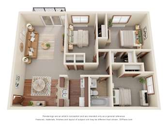 A 3D floor plan of a house with a living room, kitchen, and two bedrooms.