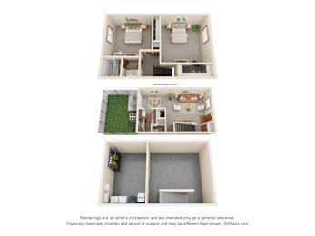 A 3D floor plan of a house with three bedrooms, a living room, a kitchen, and a bathroom.