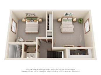 A 3D image of a small room with two beds and a desk.
