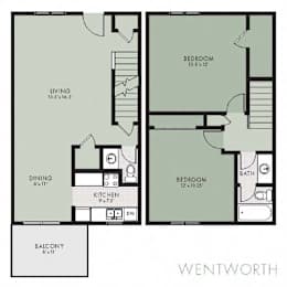 A floor plan of a two-bedroom apartment with a living room, dining room, kitchen, and balcony.