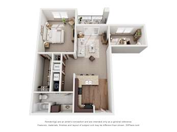 A 3D floor plan of a house with a kitchen, living room, and two bedrooms.