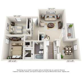 A 3D floor plan of a house with a living room, kitchen, dining room, and bedrooms. at Auburn Glen Apartments, Jacksonville