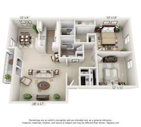 A 3D floor plan of a two-bedroom apartment with a living room, kitchen, and bathroom.at Auburn Glen Apartments, Jacksonville