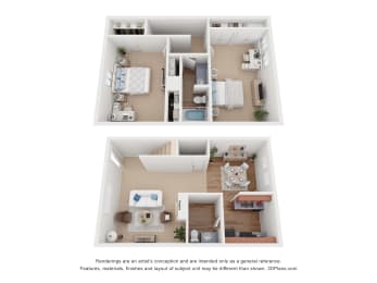 a stylized view of a 2 bedroom floor plan with a bathroom and a kitchen at Avery Trace, Port Arthur, TX, 77642