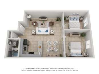 a stylized floor plan with a bedroom and living room at Colonial Drive Apartments, Orlando, FL
