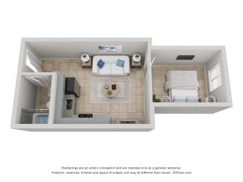 a 1 bedroom floor plan with a bathroom and a living room at Colonial Drive Apartments, Orlando, FL