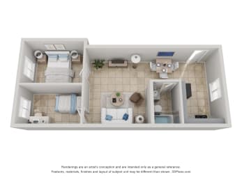a stylized floor plan of a studio apartment at Colonial Drive Apartments, Orlando, FL