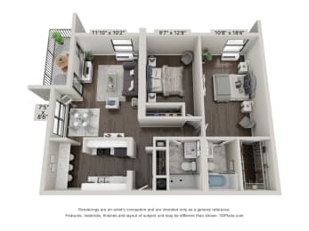 2 Bedroom 3D Floor Plan  at Club at Emerald Waters, Hollywood, Florida