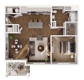 A top-down view of a house layout with a living room, dining area, kitchen, and bedrooms.