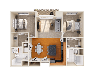 A top-down view of a small apartment layout with a kitchen, living room, and bedrooms.