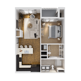 A top-down view of a small apartment with a bedroom, living room, and kitchen.